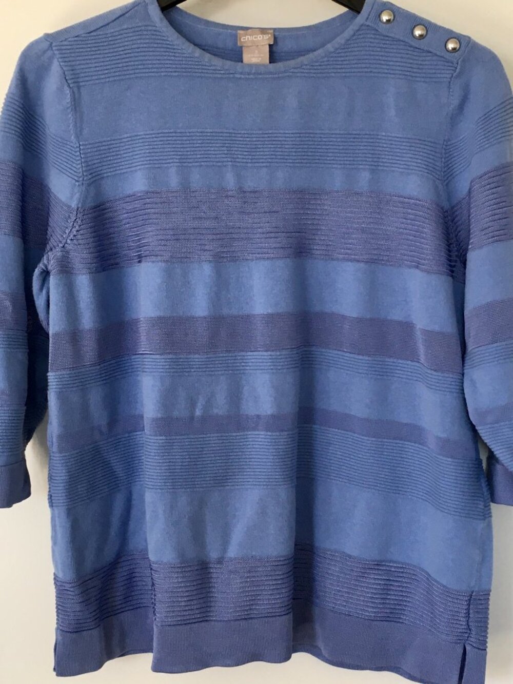 Chico's Women's Blue Striped 3/4 Sleeve Crew Neck Pullover Sweater Size XL